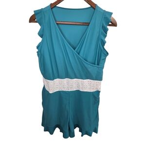 Shein Teal Romper Swimsuit with White Eyelet Waistband Size Large